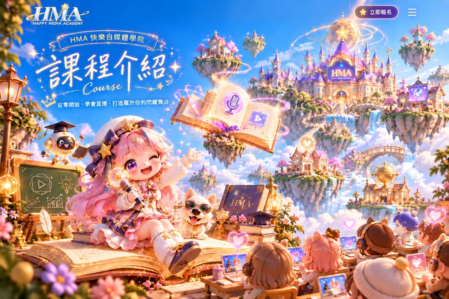 課程介紹：粉紅長髮的 Q 版主播坐在發光的魔法書上眨眼揮手，旁邊有戴墨鏡的小白狗與黑板，右下方的小學員們戴著耳機看筆電上課