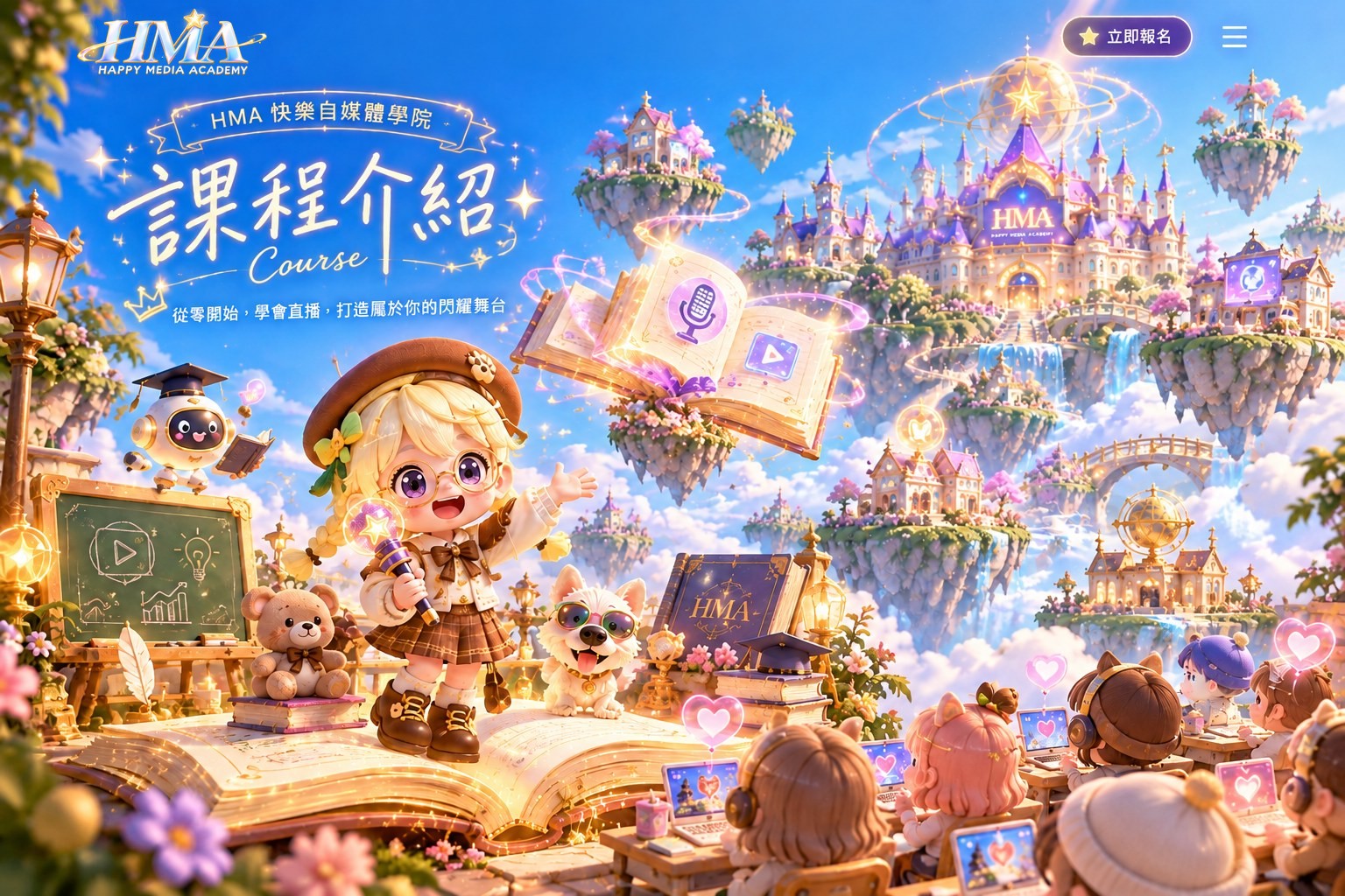 課程介紹：Q 版主播站在發光的魔法書上拿著麥克風講課，旁邊有小白狗、小熊與黑板，右下方的小學員們戴著耳機看筆電上課